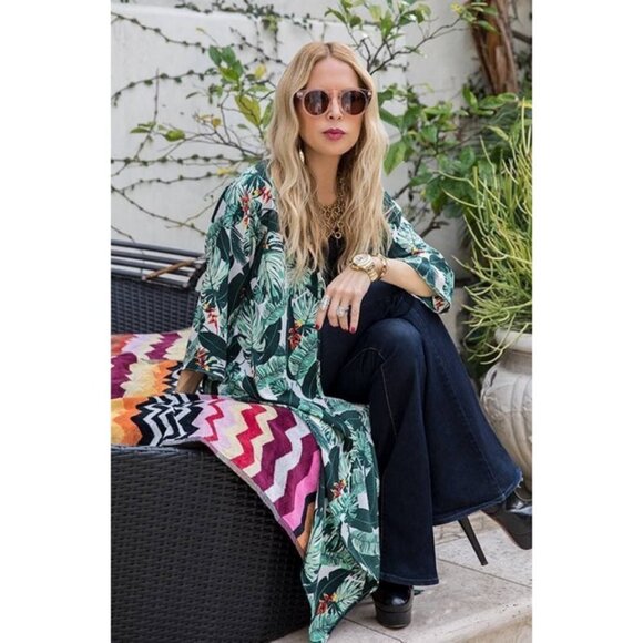 💕RACHEL ZOE COLLECTION💕 Palm Print Duster ~ Tropical Caftan Dress One Size NWT - Picture 4 of 15